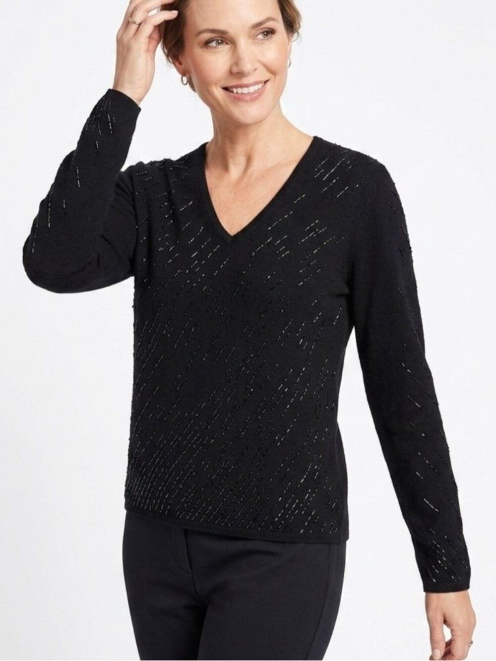 Brooks Brothers Vintage Black Beaded V-Neck 100% Wool Sweater Medium - 581
